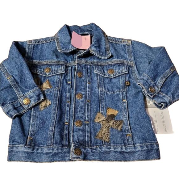 Custom Denim Blue Jean Jacket With Ironed/Stitched Crosses - Picture 1 of 5